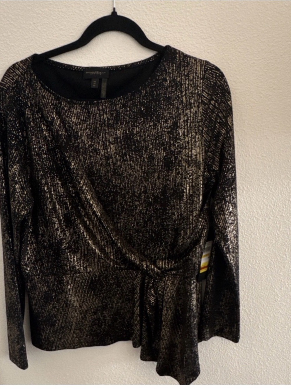 Donna Karan Black and Metallic Gold Shimmer Long-Sleeve Top